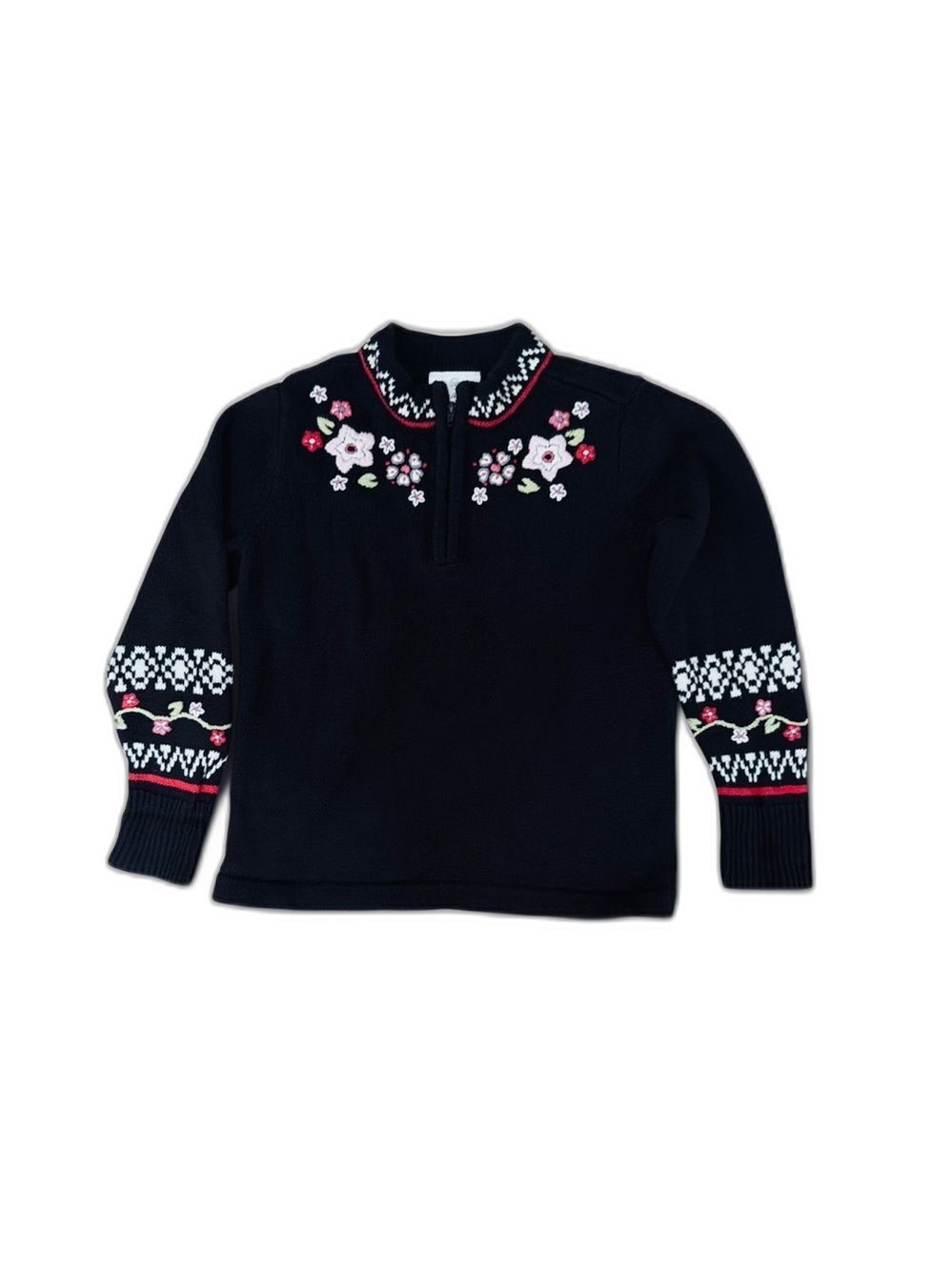 Hanna Andersson Girls Size 5 / 110 Floral Embroidered Quarter Zip Cotton Sweater